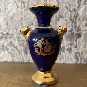 Vintage small porcelain blue gold miniature Vase 3.5&#39;&#39; tall
