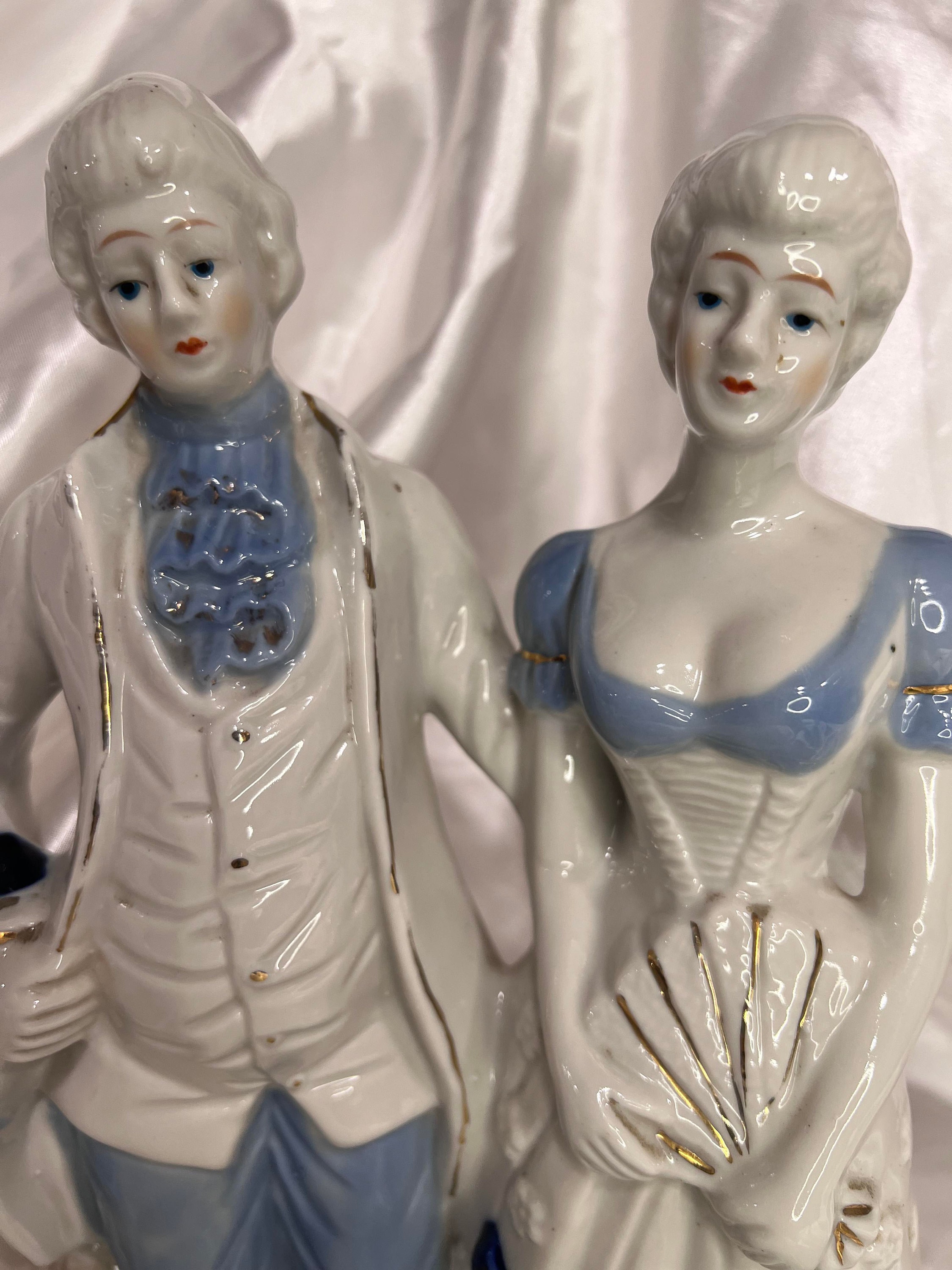Vintage 12'' Tall Porcelain Blue and White Victorian Couple Figurine