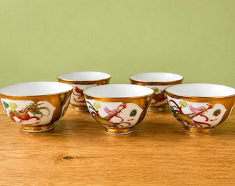 Set di 5 ciotole da riso vintage in porcellana con drago e fenice, dipinte a mano in oro 22 carati.
