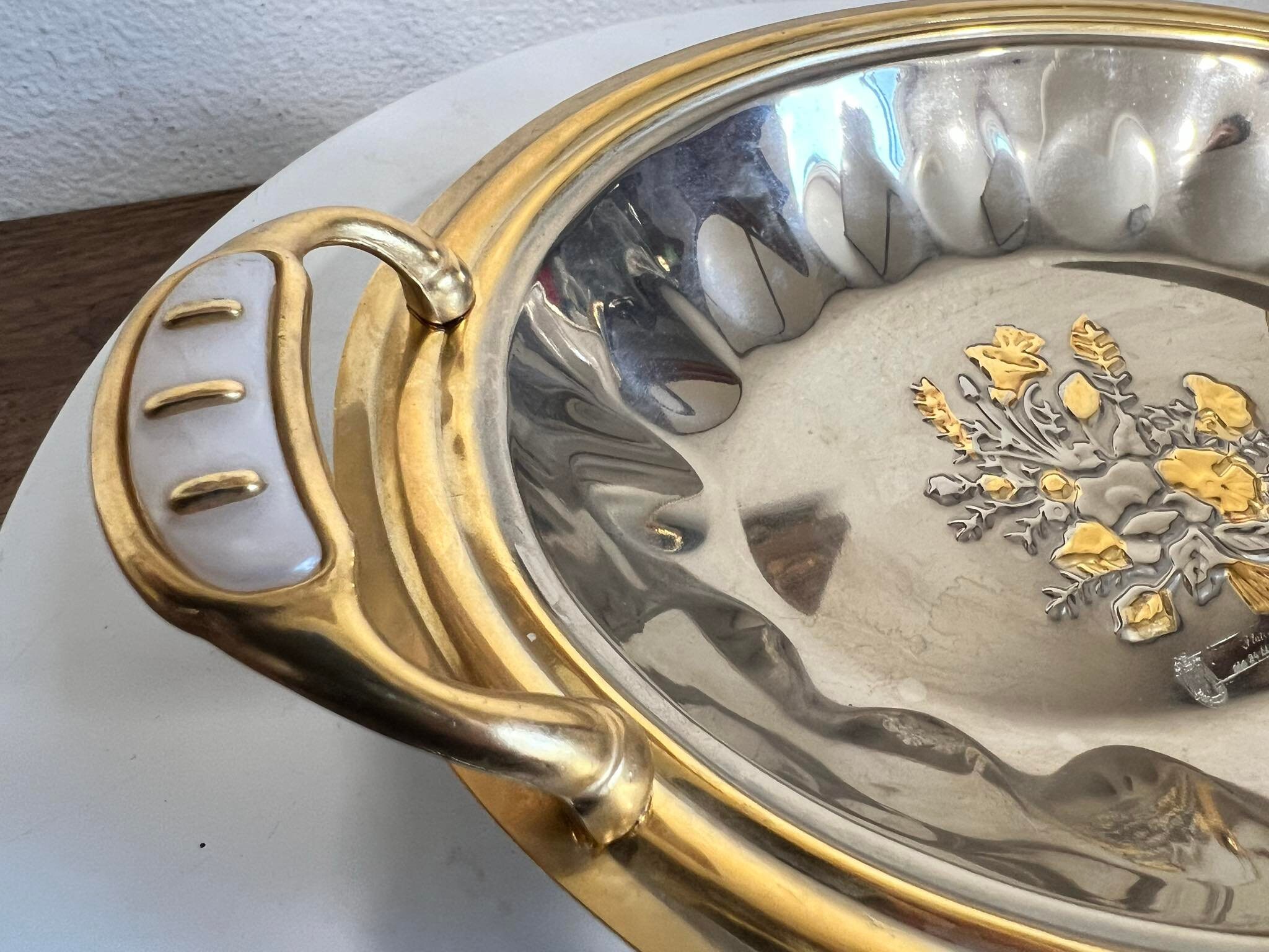 Vintage Etched Gold Floral Inox 18/10 Steel Serving Bowl, Italian