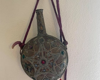 Large Antique Canteen  Engraved Metal Decorative  Flask, bottle Wall Decor AS IS