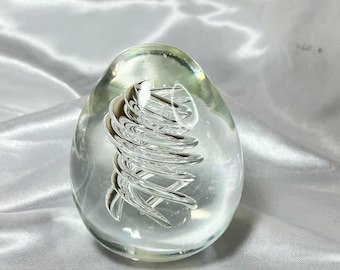 Vintage Art Glass Paperweight Egg Clear Helix Swirl Hand Blown Display
