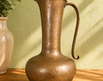 Vintage Hammered Copper Pitcher: 15 Inch Arts and Crafts Hand Raised Metal Vase