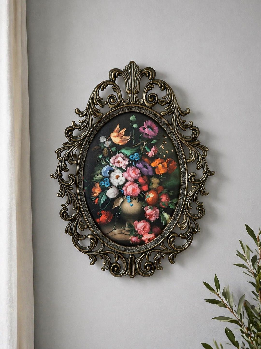 Vintage Gold Oval Metal Frame Floral Print Baroque Victorian Wall Decor ...
