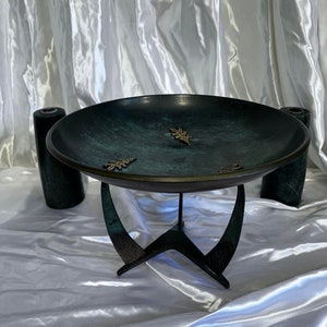 Rare Mid Century Judaica Brutalist Brass & Green Enamel Footed Centerpiece Bowl – Handmade in Israel, 1960s