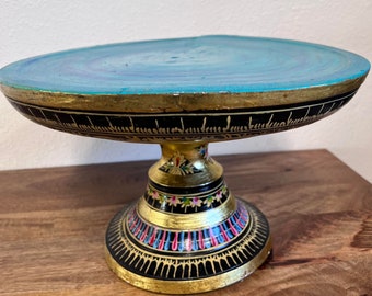 Antique Balinese Dulang Offering Tray – Hand-Carved & Painted Wood Platter, 14.4” Diameter, 9” Tall