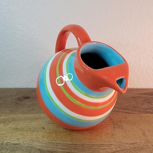 Small Ball Tilt Pitcher, Orange Striped Color, Measures approx. 6" tall x 6" wide, Kitchen Collectible, Ceramic Pitcher