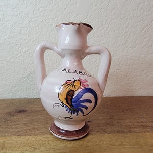 Vintage Handmade Ceramic Double Handle Small Vase 5&#39;&#39;  Rooster Pattern AS IS
