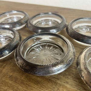 Vintage B-I Sterling Silver & Crystal Glass Coaster w/Starburst Pattern set of 6