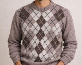Vintage 1980s Scottish Wool Argyle Sweater - Men's Medium