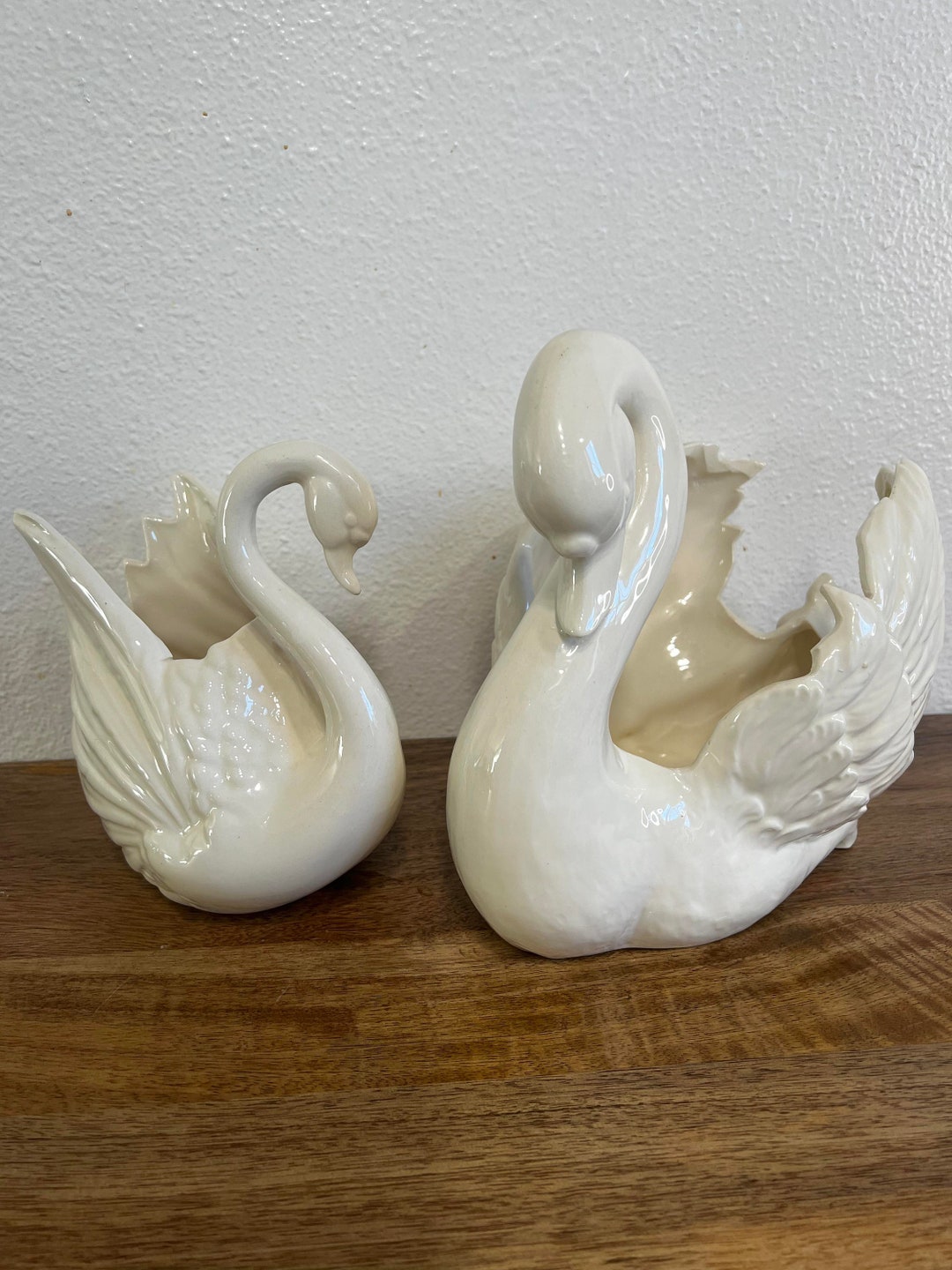 2 Large Ceramic Swans Figurines, Mid Century Swans Figurines Planters