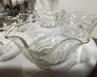 Set of 5 Mid-Century Modern Etched Glass  Clear Glass Ruffled Edge Sherbet Dessert Berry Bowls