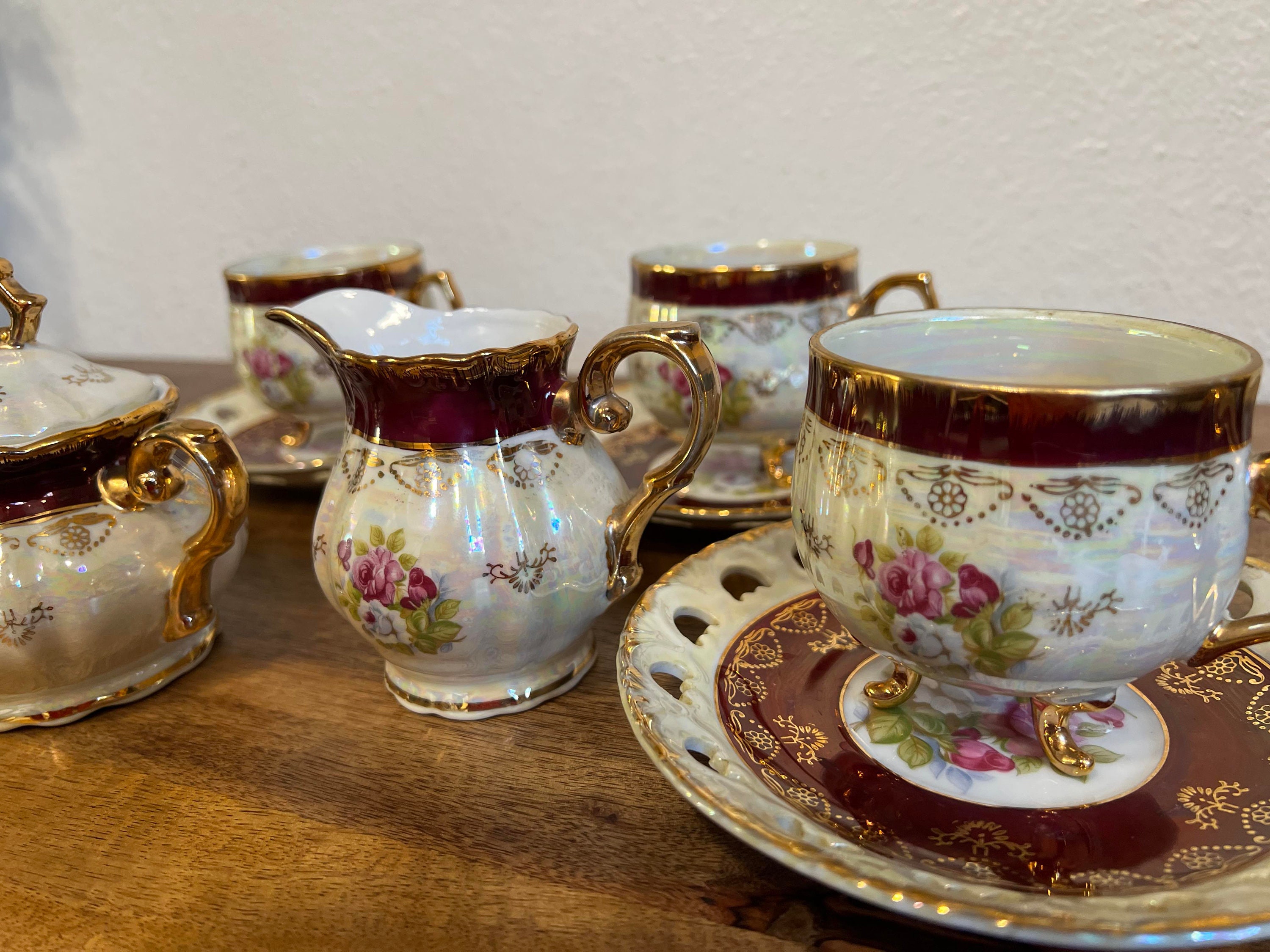 Vintage Lusterware Set 4 Footed Teacup and Saucer ,creamer