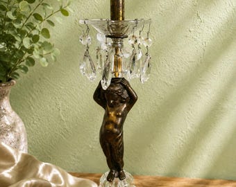 Bronze Cherub Lampe Kristall Marmorsockel Hollywood Regency 25 '' ohne Schatten