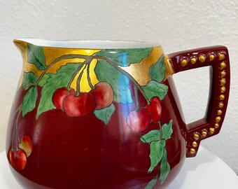 Antique American Belleek Burgundy color Cider Pitcher Hand-Painted Lemonade Pitcher Unmarked A11 0823