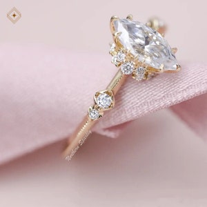 Vintage marquise moissanite engagement ring, 1ct art deco starburst floral unique 5*10mm promise ring, 14k 18k gold  solitaire diamond ring
