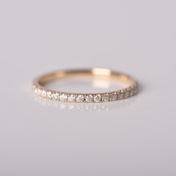 Minimalist diamond half eternity band 14K 18k solid gold petite moissanite wedding band, matching band, stacking ring, plain band,push gift