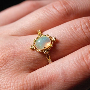 Vintage fire opal engagement ring, oval Ethiopian opal wedding ring, antique opal ring, 14k 18k gold anniversary ring push gift for her