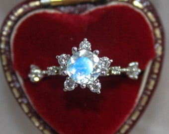 Vintage moonstone engagement ring, starburst flower moissanite celestial wedding ring, 14k 18k gold vintage proposal ring