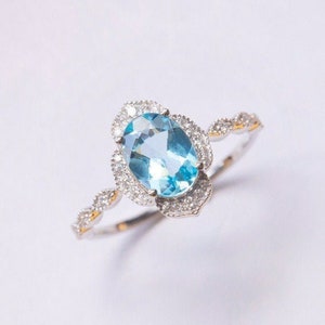 Vintage diamond aquamarine engagement ring, 14k 18k gold art deco floral oval aquamarine anniversary ring,blue gemstone rose gold white gold