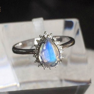 Halo pear cut rainbow moonstone engagement ring 14k 18k gold, vintage wedding promise ring, june birthste,rose gold white gold