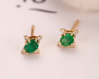 Star emerald diamond stud earrings, starburst boho 14k 18k solid gold may birthstone green gemstone stud earrings,emerald diamond earring