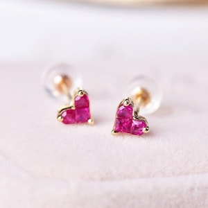 Mini pink ruby heart stud earrings, boho 14k 18k solid gold red gemstone stud earrings, love gift, for mum, valentines gift, July birthstone