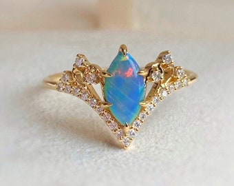 Marquise opal diamond  ring, natural Australian opal, chevron v shape 14k 18k gold art deco opal engagment ring, alternative ring