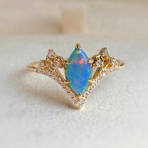 Anello con diamante opale marquise, opale australiano naturale, anello di fidanzamento in opale art déco a forma di V in oro 14k e 18k, anello alternativo