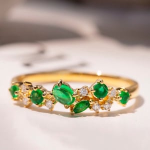 Art deco natural emerald cluster ring, diamond wedding band, matching band, 14k 18k gold green gemstone promise ring, unique cluster band