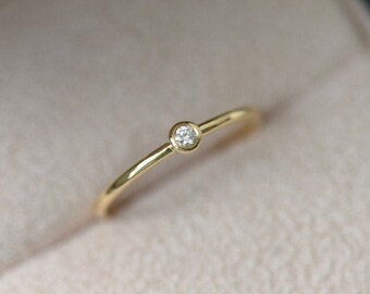 Solitaire minimalist small diamond gold ring, 14k 18k gold tiny genuine diamond ring, delicate stackable simple band, rose gold, white gold
