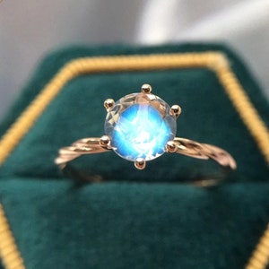 Anillo de compromiso solitario con piedra lunar arcoíris y rama en oro de 14 quilates (18 quilates), anillo de compromiso de boda con piedra lunar, piedra de nacimiento de junio, oro rosa y oro blanco.