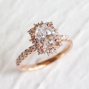 Sunburst oval moissanite engagement ring, halo vintage 1ct promise ring, art deco diamond 14k 18k gold ring,push gift for her, wedding ring