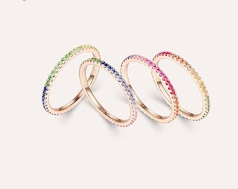 Rainbow sapphire pave wedding band,colorful multistone 14k 18k gold ring, full eternity sapphire stacking band, push gift,anniversary gift