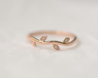 14k 18k gold diamond leaf wedding band, natural inspired tree branch stackable band, twig bud ivy matching band, push gift anniversary