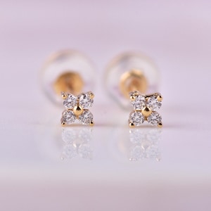 Mini clover flower genuine diamond stud earrings 14k 18k gold, four leaf clover floral stud earrings, classic dainty cluster stud earrings