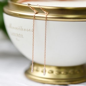 Diamond threader earrings 14k 18k solid gold, minimalist dainty chain earring, drop long dangle, rose gold white gold, gift for mother