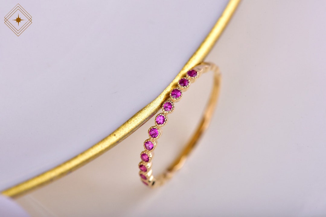 Pink Ruby Pave Wedding Band, Half Eternity Ring, 14k 18k Gold Ruby Ring ...
