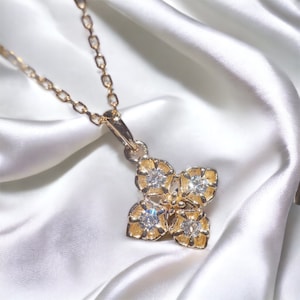 Diamond Clover Necklace,  Art Deco nature inspaired flower lucky charm, 14k 18k pendant, bridesmaid floral necklace