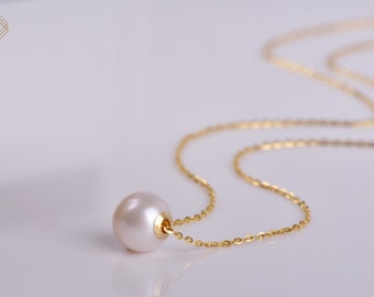 Floating akoya pearl 18k gold necklace choker, June birthstone bridal wedding neckalce, layering single pearl necklace, rose gold white gold