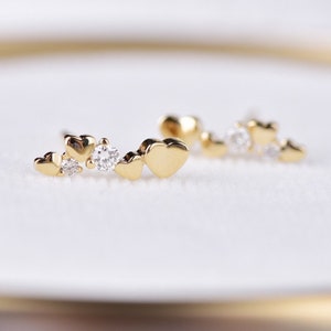 Celestial diamond stud earrings, heart earrings 14k 18k gold, cruved heart shape earrings, small hearts diamond gold studs, love earrings