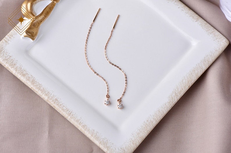 Diamond threader earrings 18k solid gold delicate chain Etsy