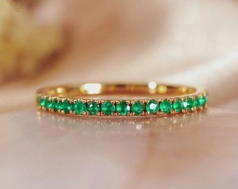 Natural emerald pave wedding band 14k 18k gold ring, half eternity emerald stacking band, gift to her, wedding band, anniversary gift
