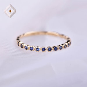 Blue sapphire pave wedding band 14k 18k gold ring, half eternity natural sapphire stacking band, gift to her, wedding band, anniversary gift
