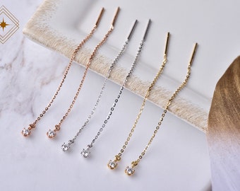Diamond threader earrings 18k solid gold, delicate chain earrings, minimalist chain earring, drop long dangle, rose gold white gold