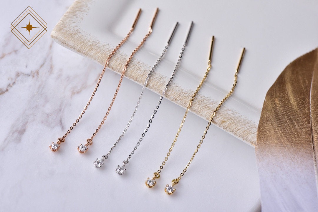 Diamond threader earrings 18k solid gold delicate chain Etsy