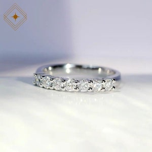Half eternity white moissanite wedding band, 14k 18k gold 7 moissnite 0.56ct/0.7ct white rose gold stackable ring, promise ring, push gift