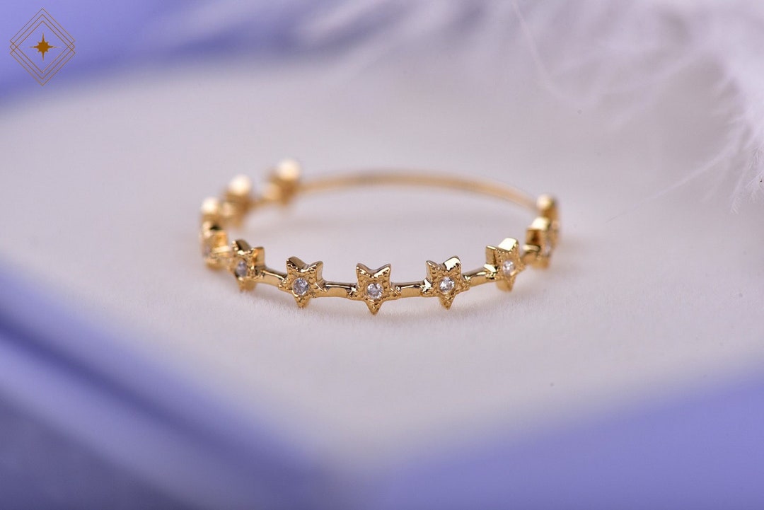 Celestial Star Diamond Ring, Unique Wedding Band, 14k 18k Gold Multi ...
