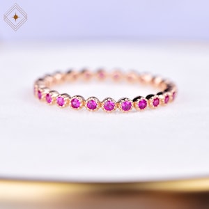 Ruby bezel setting full eternity band, pink gemstone wedding band, 14k 18k gold ruby gemstone ring, wedding band, anniversary gift