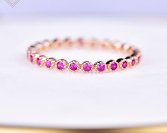 Ruby bezel setting full eternity band, pink gemstone wedding band, 14k 18k gold ruby gemstone ring, wedding band, anniversary gift